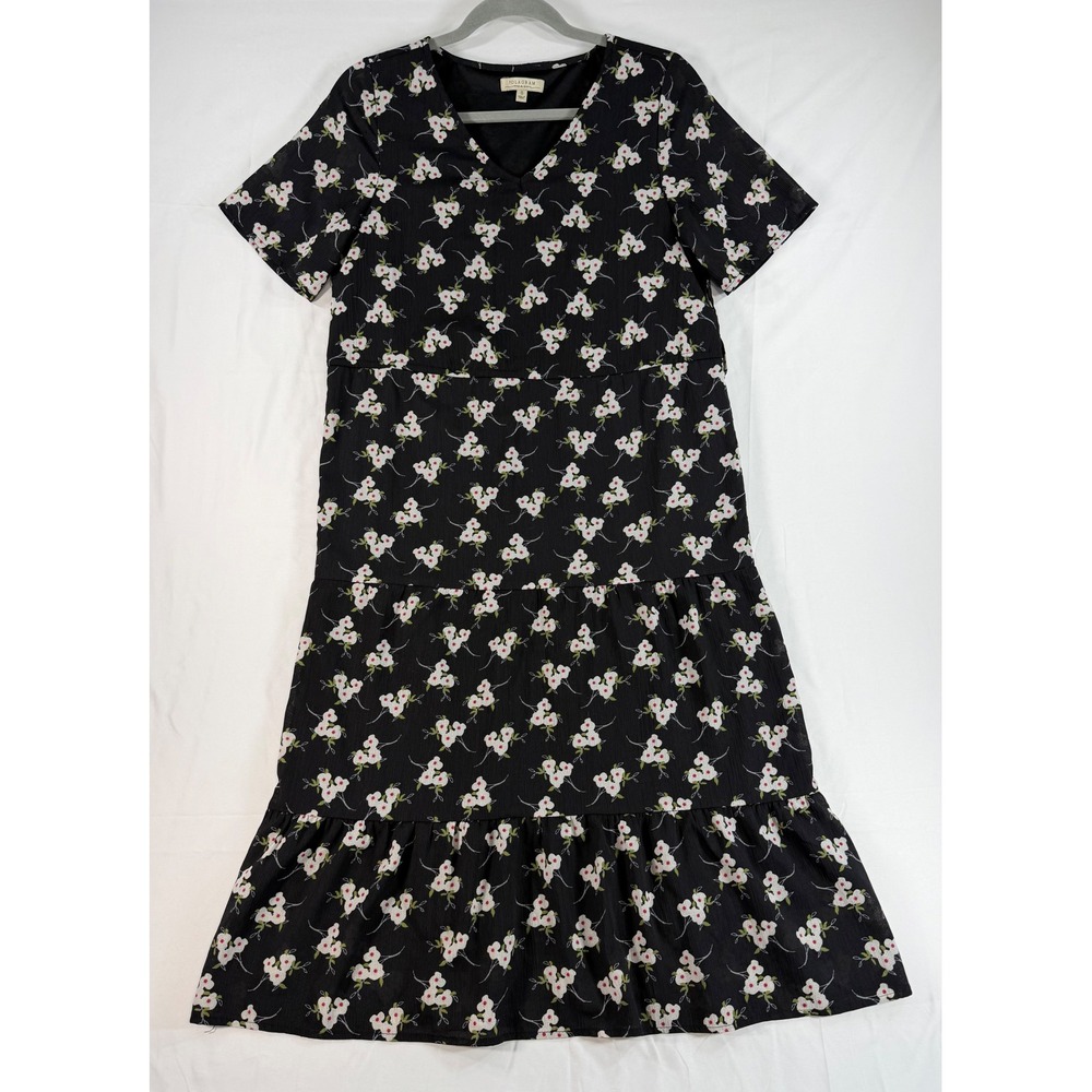 Polagram Womens Black Floral Tiered Midi Dress V-Neck Short Sleeve Small PSD2264